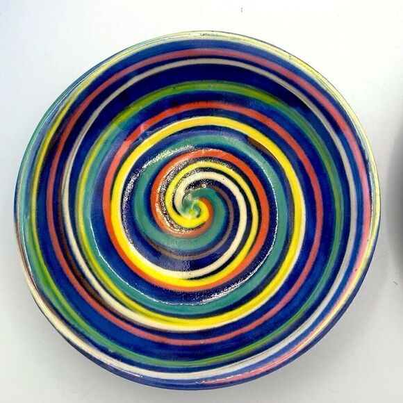 Earthworks Barbados WestIndies Red Clay Pottery Blue Multi Swirl Bowl & Plate - Picture 5 of 16